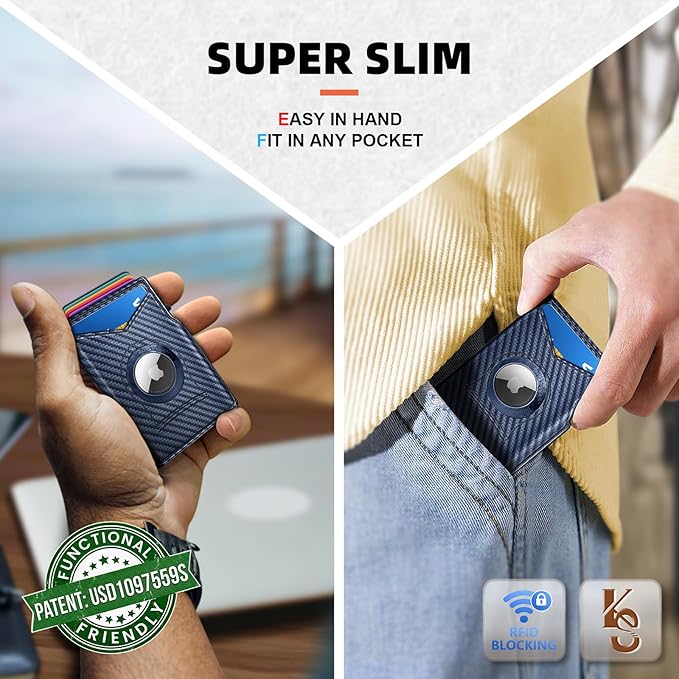 KEMISANT Airtag Wallet Men Gift,Mens Slim Front Pocket Wallet Money Clip Standard or Apple Airtag Use 3.8"×2.8"×0.9"