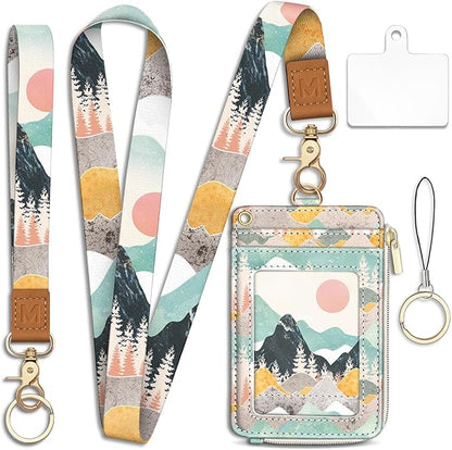 Sunrise Mountain Lanyard Wallet with ID Badge Holder, Small RFID Wallet Women Keychain Wristlet, Slim Credit Card Holder with Zipper Pocket Phone Lanyard Wrist Strap for Name Tag Office Teacher Gift