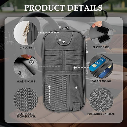 Upgrade Car Visor Organizer,Multipurpose Car Sun Visor Organizer with Sunglasses Holder for Storage Bank Cards,Driver's License,PU Leather Truck Visor Organizer for Most Vehicles (Black)