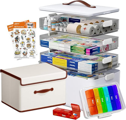 Large Medicine Cabinet Organizer with Tall Bottle Storage Bin & 7-Day Pill Box, 4-Tier Medicine Storage Organizer, Family First Aid Box Empty for Home(4C Medicine Box + Fabric Set)