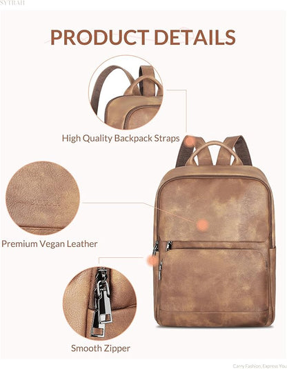 SYTRAH Leather Backpack for Women, Vintage 15.6 inch Laptop Backpack Purse for Women, College Casual Backpacks Ladies Computer Bags for Travel Business Work Camel