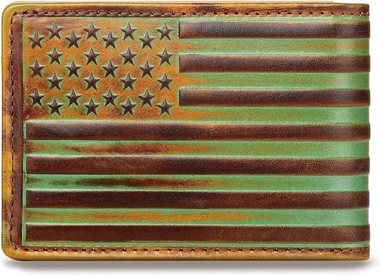 Pefiam Full Grain Leather Bifold Wallet for Men - 12 Slots, RFID Blocking - USA Flag, Brown