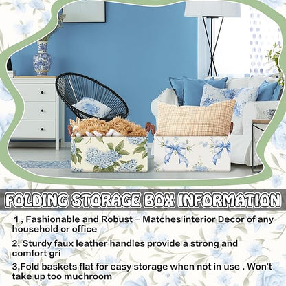 Boao 3 Pcs Blue Hydrangea Bow Storage Bin Flowers Collapsible Large Storage Baskets for Gifts Canvas Laundry Basket Foldable Box with Handle for Office Home Bedroom Clothes
