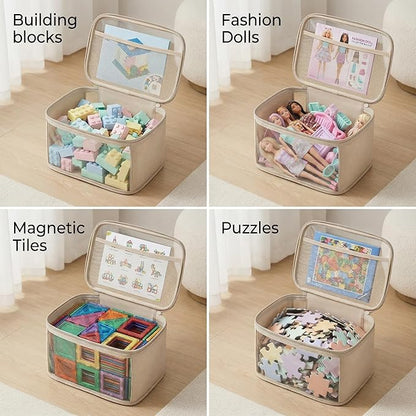holay Clear Toy Storage Bags with Handle, 4 Pack Playroom Storage Organizer Bins Kids Toys, Board Games, Busy Bags, and Homeschool Supplies –Transparent PVC with Reinforced Base(Brown, Small)