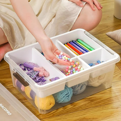 MACOPRO 17 QT Plastic Storage Box with Removable Tray, Bins with Lids, 2 Packs Clear Storage Container for Craft Supplies, Beads, Tools, Sewing, and Playdoh Organization(White, 2Pack-17QT)