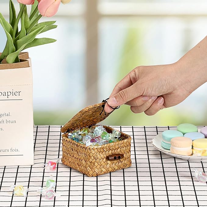 Hipiwe Handwoven Wicker Basket with Lid Desk Organizer for Remote Control Key Glass Coffee Color Seagrass Box for Decoration, Caramel Color 3.5" x 3.5" x 2"