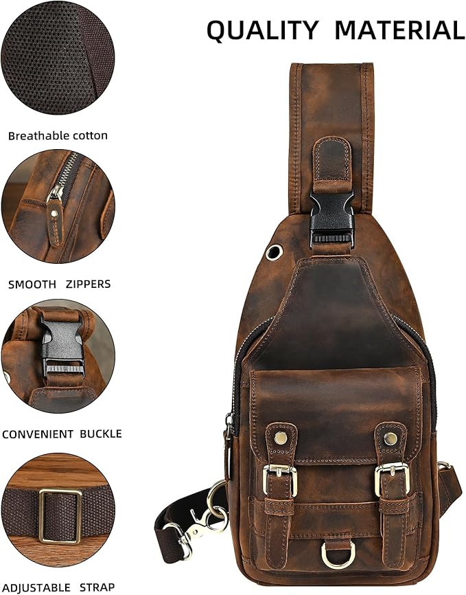 Genuine Leather Hiking Travel DayPack Sling Crossbody Triangle Chest Pack Bag For Men Women 8241 (Brown 258204)