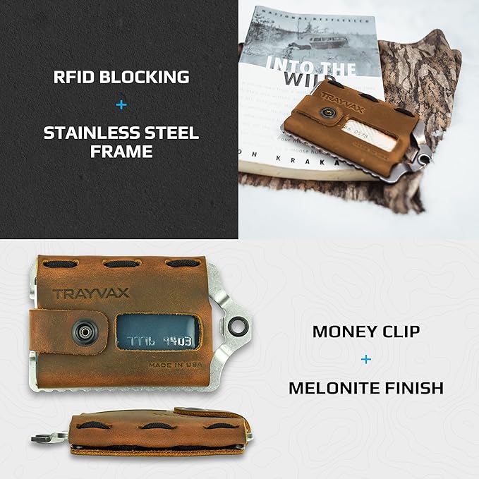 Trayvax Element Wallet, RFID Front Pocket Credit Card Holder with Money Clip, Minimalist Slim Leather Metal Wallet for Men and Women