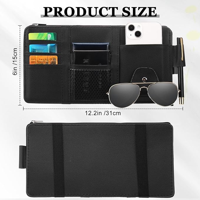Boao 2 Packs Car Sun Visor Organizer, Sunglasses Holders for Car Sun Visor PU Auto Interior Accessories Storage Travel Document Holder with Multi Pocket (Black, Gray, 12.2 x 6.1 Inches)