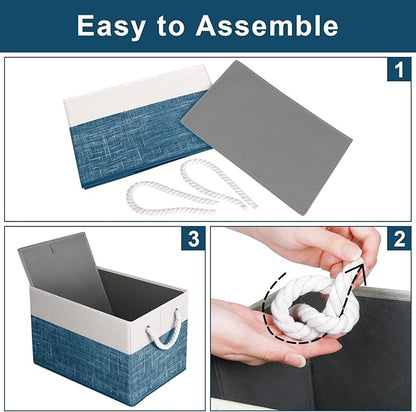 Fab totes Storage Bins [8-Pack], Foldable Storage Baskets for Organizing Toys, Books, Shelves, Closet, Large Storage Box with Rope Handles, Sturdy Organizer Bins, White & Blue