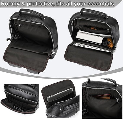 Genuine Leather 15.6 Inch Laptop Backpack for Men, Multi Pocket Slim Daypack Shoulder Bag with Trolley Sleeve for Business Travel (Black)
