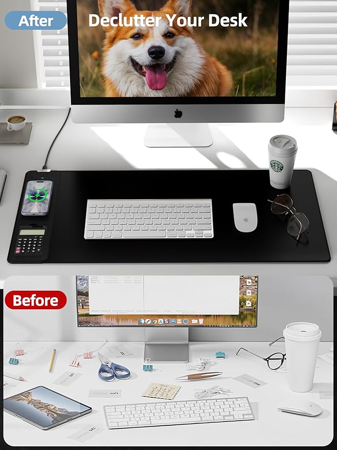 Mouse Pad 31.5x15.75 Inch with Calculator, 15W Magnetic Wireless Charging Desk Mat, XXL Desk Pad, Home Office Large Keyboard Pad with Ultra-Smooth Surface, Non-Slip Base (Black)