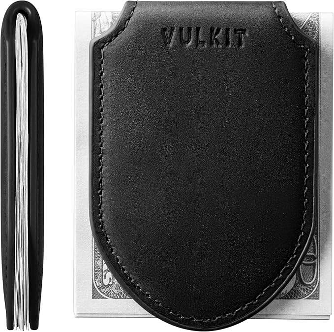 VULKIT Luxury Money Clip Top Grain Leather Magnetic Closure VULKIT Streamline Design Money Clip Wallet, Holds 10-20 Bills