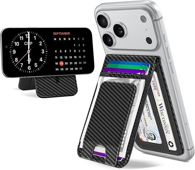 TopMade for MagSafe Wallet with Money Clip, Strongest Magnetic Card Holder for iPhone 17/16/15/14/13/12 Series, for iPhone Wallet with Adjustable Stand, ID Window, RFID Blocking, Black Carbon Fiber
