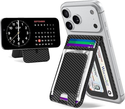 TopMade for MagSafe Wallet with Money Clip, Strongest Magnetic Card Holder for iPhone 17/16/15/14/13/12 Series, for iPhone Wallet with Adjustable Stand, ID Window, RFID Blocking, Black Carbon Fiber
