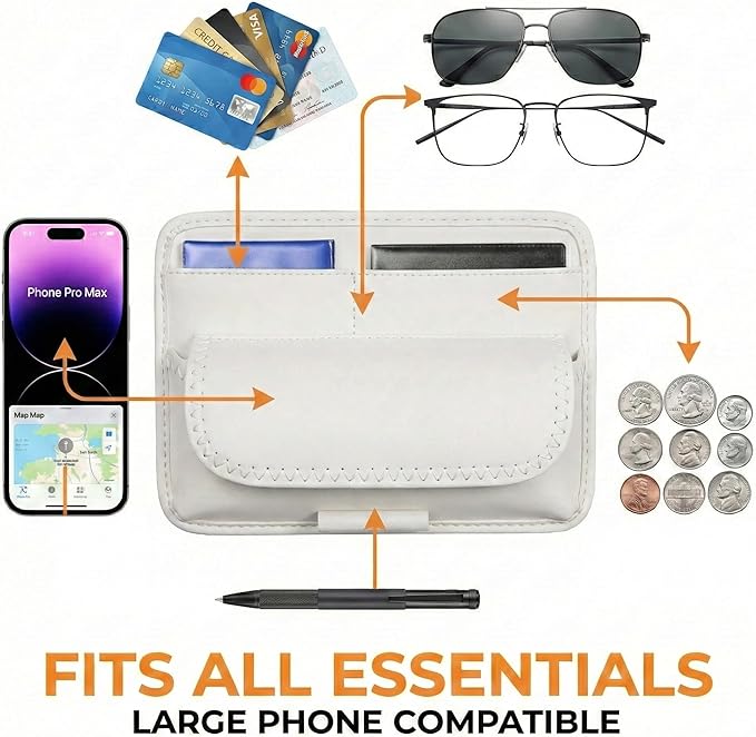 HOLDCY Car Visor Organizer – Sun Visor Storage Pouch Holder for Vehicle Truck SUV, PU Leather Auto Interior Accessories for Registration Document, Gas Card & Sunglasses, Universal Fit (White)