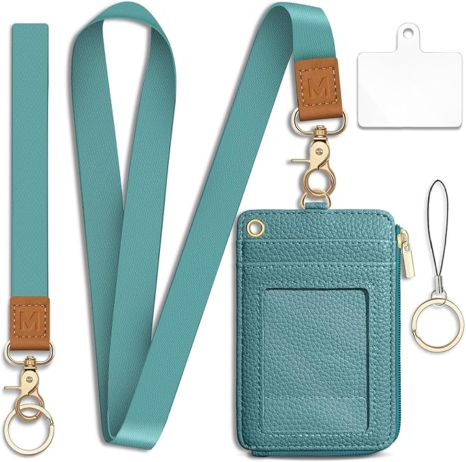 Lanyard Wallet with Id Badge Holder, Blue RFID Small Keychain Wallet Women Wristlet, Minimalist Zipper Credit Card Holder Phone Wrist Neck Strap for Key Name Tag, Teacher Student Office Gift