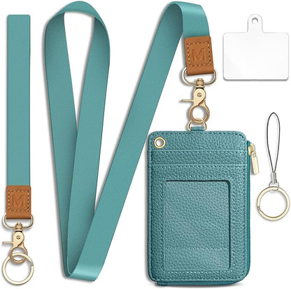 Lanyard Wallet with Id Badge Holder, Blue RFID Small Keychain Wallet Women Wristlet, Minimalist Zipper Credit Card Holder Phone Wrist Neck Strap for Key Name Tag, Teacher Student Office Gift