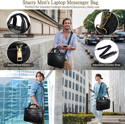 Stuery Faux Leather Messenger Bag for Men 15.6 Inch: Laptop Bag Briefcase Computer Handbags Shoulder Crossbody Bag with Padded Laptop Sleeve for Work College Travel, PU Black