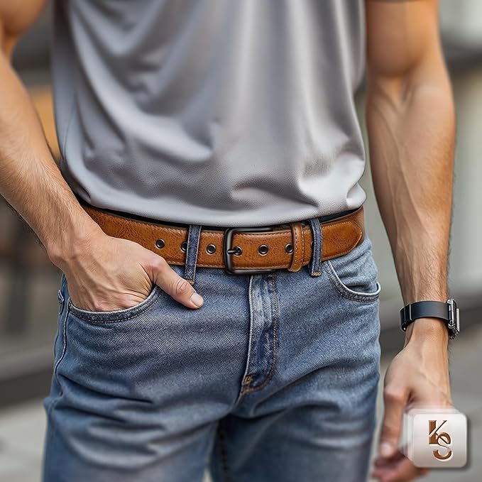 KEMISANT Men Leather Belt 7Holes Adjustable for Jean Casual Dress Golf 1 1/2"-Metal Hole Design-Cut For Fit