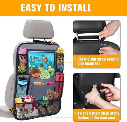 ULEEKA Car Backseat Organizer with 11" Table Holder, 10 Storage Pockets Seat Back Protectors Kick Mats for Kids Toddlers, Travel Accessories, 2 Pack, Gray
