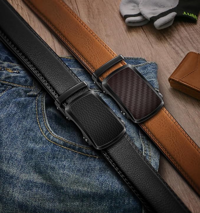 BULLIANT Men's Ratchet Belt 2 Pack-Click Leather Belt Adjustable for Men Gift 1 3/8-Cut for Perfect Fit