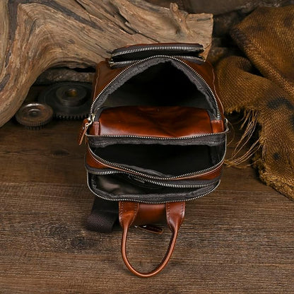 Thick Crazy horse Leather Triangle Crossbody Sling Chest Bag Travel One Shoulder Bag Daypack For Men Male 3028