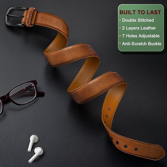 KEMISANT Men Leather Belt 7Holes Adjustable for Jean Casual Dress Golf 1 1/2"-Metal Hole Design-Cut For Fit