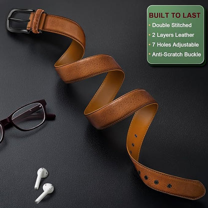 KEMISANT Men Leather Belt 7Holes Adjustable for Jean Casual Dress Golf 1 1/2"-Metal Hole Design-Cut For Fit