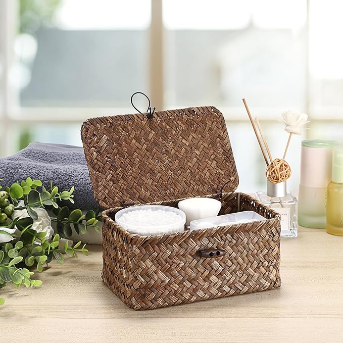 Hipiwe Handwoven Wicker Basket with Lid Desk Organizer for Remote Control Key Glass Coffee Color Seagrass Box for Decoration, 7.0"L x 4.3"W x 3.3"H