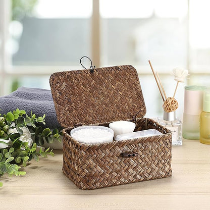 Hipiwe Handwoven Wicker Basket with Lid Desk Organizer for Remote Control Key Glass Coffee Color Seagrass Box for Decoration, 7.0"L x 4.3"W x 3.3"H