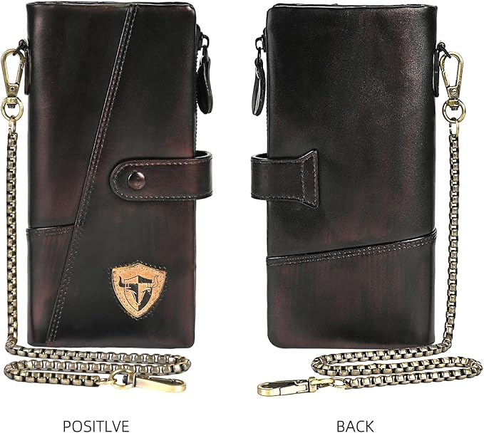 Genuine Crazy Horse Leather Travel Gift Coin Pocket Card Case Long Organizer Chain Rfid Wallet Purse With Snap For Men Male 1803 1815 (1803 Brown 26a)