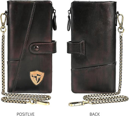 Genuine Crazy Horse Leather Travel Gift Coin Pocket Card Case Long Organizer Chain Rfid Wallet Purse With Snap For Men Male 1803 1815 (1803 Brown 26a)