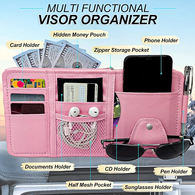 Keedolla Car Sun Visor Organizer, Truck Visor Organizer Car Sun Storage Pocket Pouch Case Bag for Sunglasses, Cards, Pens and Document - Pink