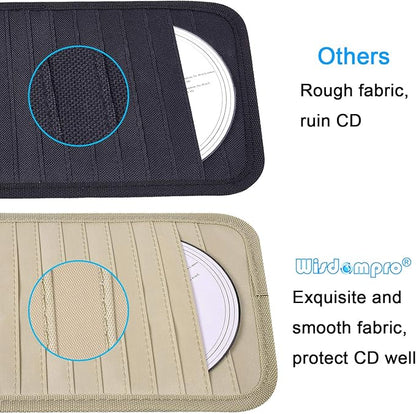 Car CD Case Holder, Wisdompro Vehicle Sun Visor Organizer for Cars with 12 DVD Storage Sleeves, 1 Mesh Pocket, 1 Pen Holder and Elastic Strap, Khaki