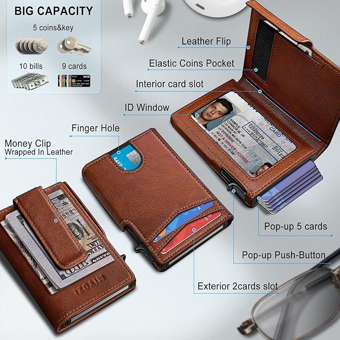 miyozi Wallet for Men, Magnetic Minimalist Slim Wallet with Pop Up Card Holder, 9 Cards RFID Blocking Metal Credit Card Case, Leather Wrapped Money Clip, ID Window & Small Item Slot, Gift Boxed