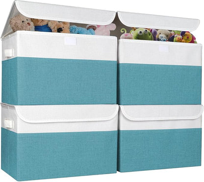 Bagnizer Large 22 Quart Linen Fabric Foldable Storage Bin Cube Organizer Basket with Flip-Top Lid & Handles, Clothes Blanket Box for Home, Office, Closet, Teal & White, 4 Pack 14.6 x 9.5 x 9.5
