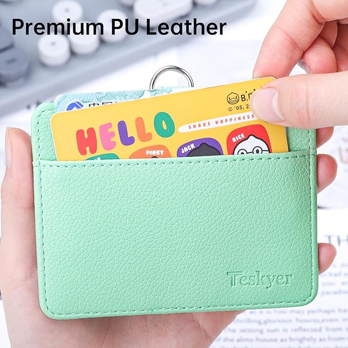 Teskyer Badge Holder with Lanyard, Leather ID Name Badge Card Holder with Lanyard for ID Badges, Horizontal, Lychee Pattern Light Green