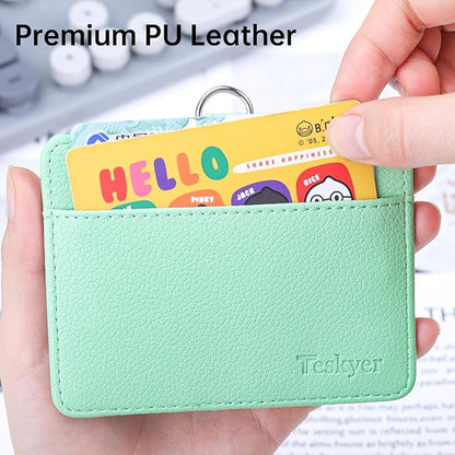 Teskyer Badge Holder with Lanyard, Leather ID Name Badge Card Holder with Lanyard for ID Badges, Horizontal, Lychee Pattern Light Green