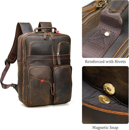 Polare 17.3 Inch Full Grain Leather Backpack for Men and Women Multi Pockets Business Travel Laptop Rucksack (Brown)