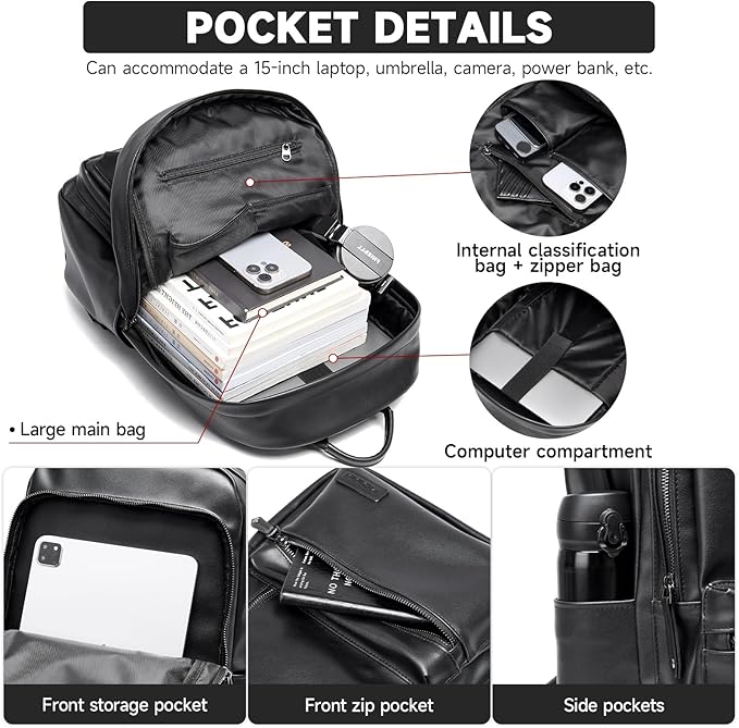 Laptop Backpack For Men Women Waterproof 15 Inch Pu Leather Black Casual Backapck For Work Business Travel College