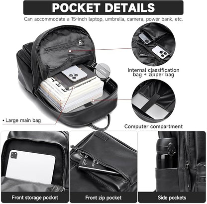 Laptop Backpack For Men Women Waterproof 15 Inch Pu Leather Black Casual Backapck For Work Business Travel College
