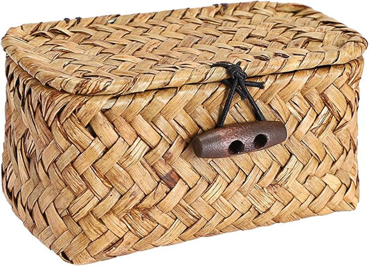 Hipiwe Handwoben Seagrass Basket With Lid Wicker Storage Baskets Decorative Shelf Basket Mini Desktop Organizer, Caramel 4.3" x 2.5" x 2.1"