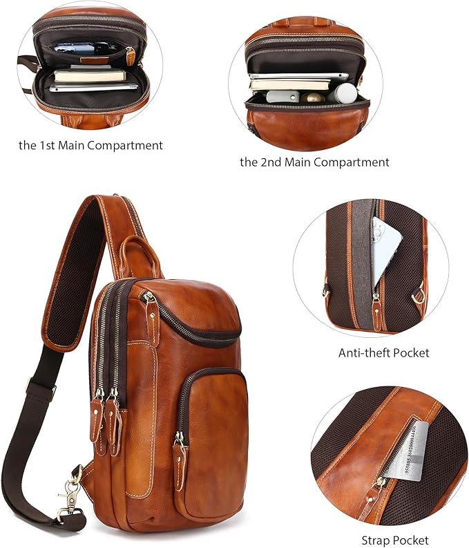 LANNSYNE Vintage Full Grain Leather Sling Bag Crossbody Chest Daypack | Vintage, Full Grain, Leather, Chest