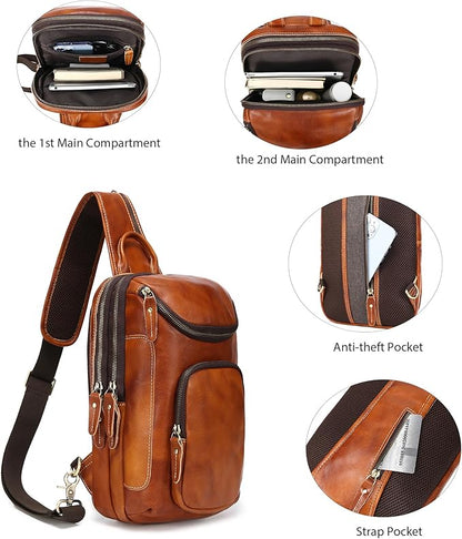 LANNSYNE Vintage Full Grain Leather Sling Bag Crossbody Chest Daypack | Vintage, Full Grain, Leather, Chest