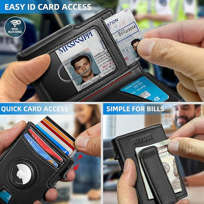 miyozi Airtag Wallet for Men,with Money Clip 10 Cards Metal Case Smart Slim Pop Up Credit Card Holder Flip with Magnetic Closure RFID Blocking wallet with Gift Box