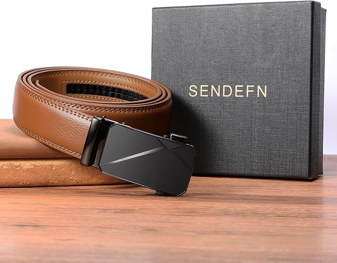 SENDEFN Men's Leather Belt Automatic Ratchet Buckle Slide Belt for Dress Casual Trim to Fit with Gift Box