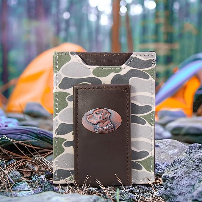 ZEP-PRO Lab Men's Magnetic Front Pocket Old School Camo Leather Wallet – Slim Design with Card Slots and Money Clip, Green/Gray Camo