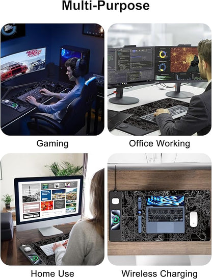 TopMade Mouse Pad with 15W Fast Wireless Charging, 31.5"x15.75" XXL Large Gaming Waterproof Desk Pad with Ultra-Smooth Surface, Non-Slip Base, Computer Desk Mat, Black Topographic Map #3