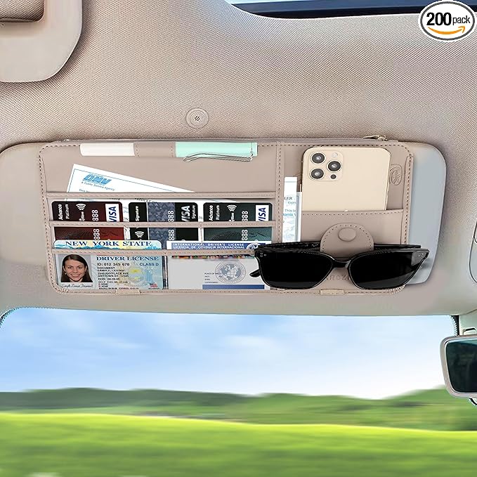 Leather Car Sun Visor Organizer for Cars, Trucks & SUVs: Features Sunglasses Holder, Secure Zipper Pockets, and 6 Clear Windows for Registration, Driver's License, and Insurance Card（Grey）